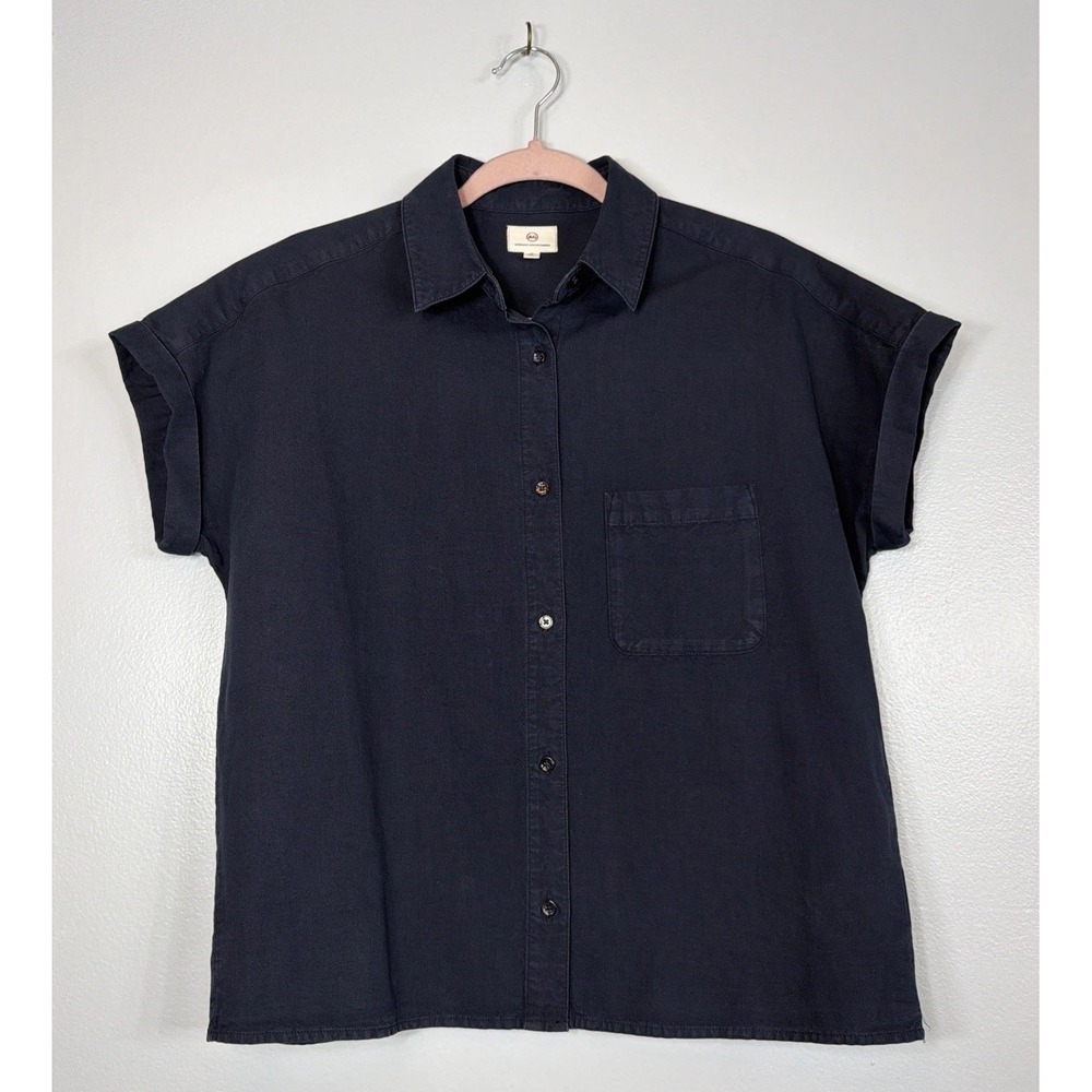 AG Adriano Goldschmied Linen Blend Minimalist Shirt Short Sleeve Navy Women XS